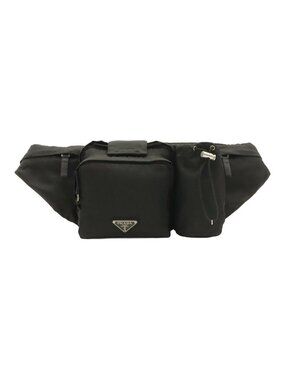 Prada Triangle Logo Belt Bag Waist Pouch Hip Nylon Nero Black Silver
